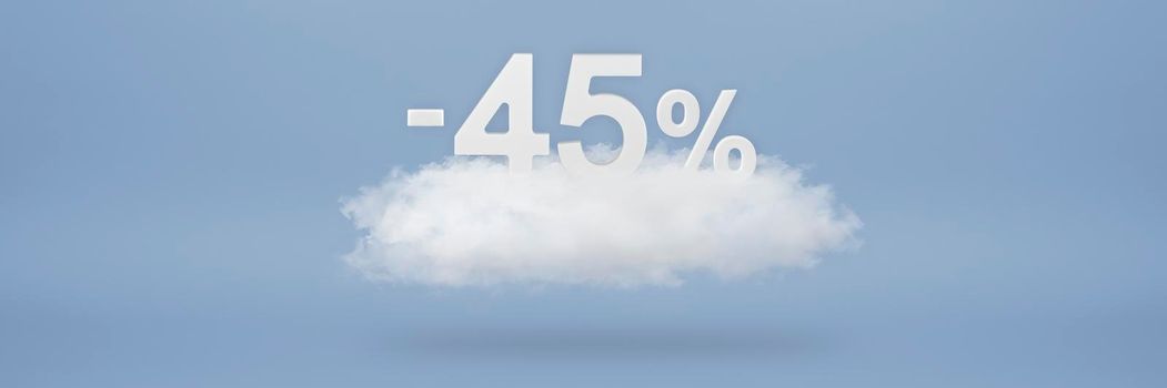 Discount 45 percent. Big discounts, sale up to forty five percent. 3D numbers float on a cloud on a blue background. Copy space. Advertising banner and poster to be inserted into the project.