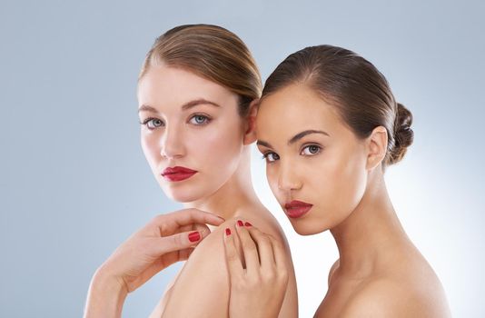 Studio beauty shot of a two young models.