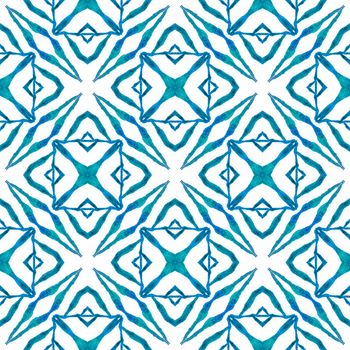 Hand drawn tropical seamless border. Blue mesmeric boho chic summer design. Tropical seamless pattern. Textile ready enchanting print, swimwear fabric, wallpaper, wrapping.