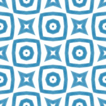 Ikat repeating swimwear design. Blue symmetrical kaleidoscope background. Summer ikat sweamwear pattern. Textile ready stylish print, swimwear fabric, wallpaper, wrapping.