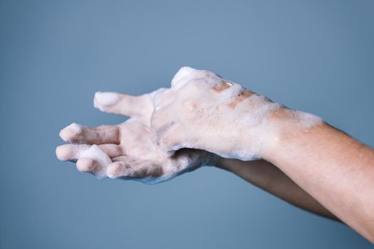 step by step procedure for correct hand washing for proper disinfection, step seven, virus and bacteria prevention concept, horizontal photo, copy space for text