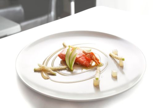 Molecular modern cuisine red fish in a dish with beautiful garnish close up. Isolated