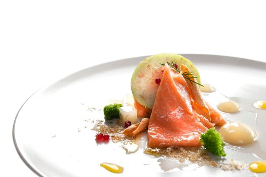 Molecular modern cuisine red fish in a dish with beautiful garnish close up. Isolated