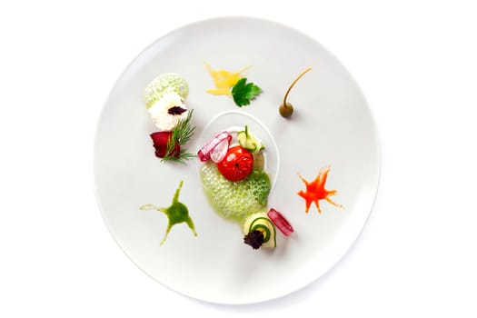 Molecular modern cuisine vegetable salad. Stock image. Isolated on white.
