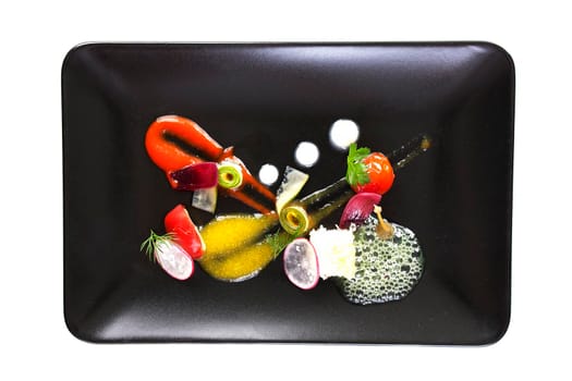 Molecular modern cuisine vegetable salad. Stock image. Isolated on white.