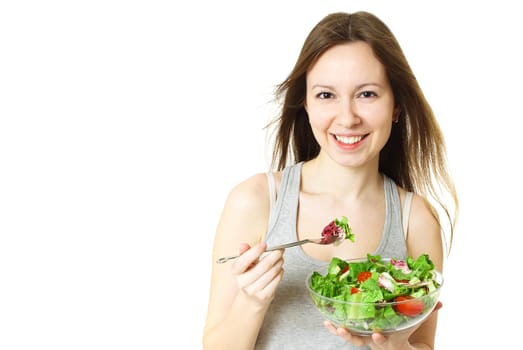 Happy Woman with bowl of salad have fan, isolated on white.