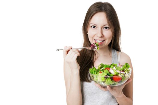 Woman with bowl of salad, isolated on white.