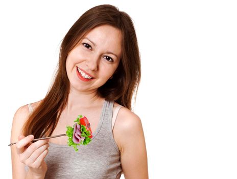 Happy Woman with bowl of salad have fan, isolated on white.