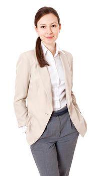 Business woman dressed in suit - Stock Image. Isolated on white.