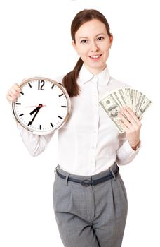 Smiley young businesswoman holding money and clock. isolated on white background