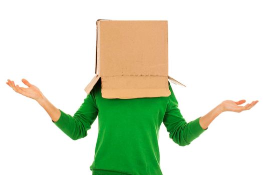 A confused man is standing with a cardboard box on his head