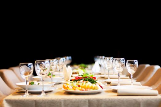 Catering services background with snacks and glasses for wine in restaurant
