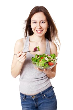 Happy Woman with bowl of salad have fan, isolated on white.