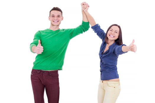 Happy laughing Loving couple showing ok sign. Isolated on white.