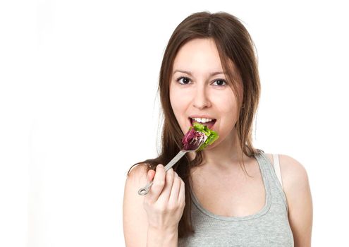 Happy Woman eating salad and have fan, isolated on white.