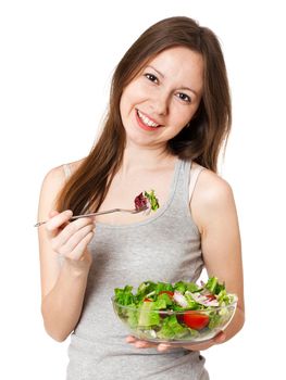 Happy Woman with bowl of salad have fan, isolated on white.