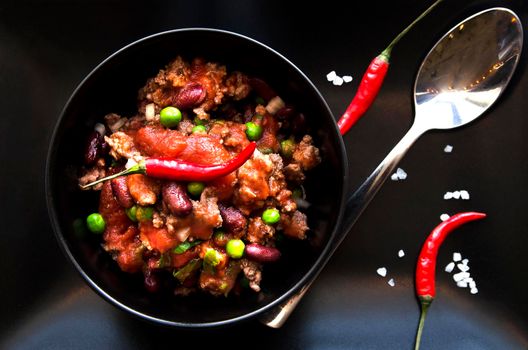 Chilli mexican Con Carne, black plate Beans.