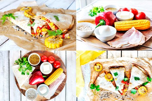 Collage. Ingredients for cooking Mexican Quesadilla wrap with vegetables, corn, sweet pepper and sauces on the parchment and table. horizontal view.