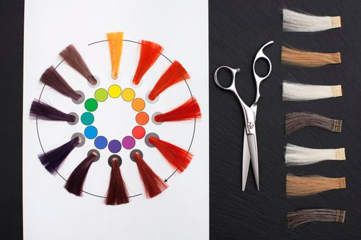 Coloristic circle. Hairdresser Accessories for coloring hair and Extensions colors on a black background