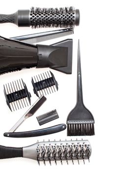 Hairdresser Accessories, Comb, Scissors and Razor for cutting hair on a white background