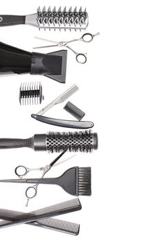 Hairdresser Accessories, Comb, Scissors and Razor for cutting hair on a white background