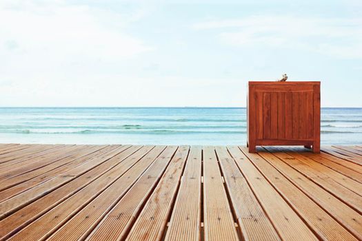 wood platform with table. Copy space.