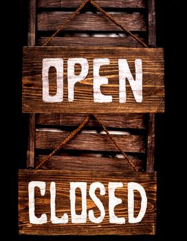 Vintage open closed sign hanging in a door