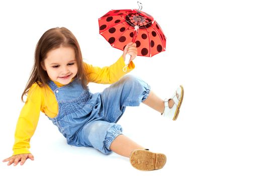 Portrait of a cute little girl have fun. Horizontal shot. Isolated on white.