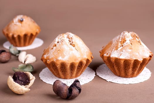 Muffin cakes on a grey plate. Beige - coffee background.