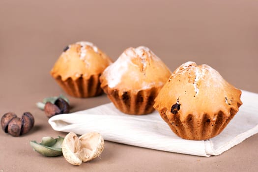 Muffin cakes on a grey plate. Beige - coffee background.