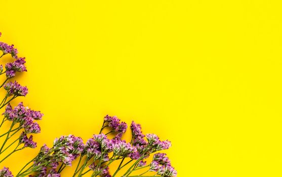 Summer Dried Flowers on Yellow Background. Minimalist flat lay background for mock-up template. High quality photo