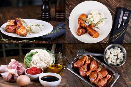 Cooking. Recipe. Baked chicken drumsticks with cauliflower served on a wooden table. Rustic style. Top view