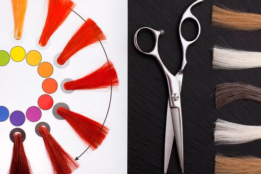 Coloristic circle. Hairdresser Accessories for coloring hair and Extensions colors on a black background