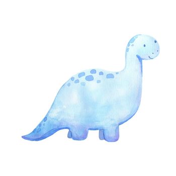 Cute little blue baby dinosaur barosaurus. Watercolor drawing illustration isolated on white background.