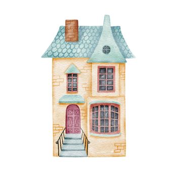 Hand drawn watercolor blue old and cozy small house. Cute cottage with chimney isolated on white background