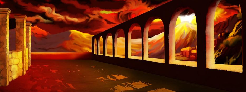 Vesuvius volcano eruption in the ancient Italy. Digital Painting Background, Illustration.