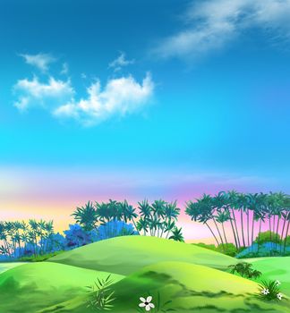 Green hills in the tropic landscape with palm trees. Digital Painting Background, Illustration.