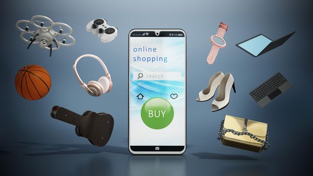 Smartphone with online shopping interface and objects floating in the air. 3D illustration.