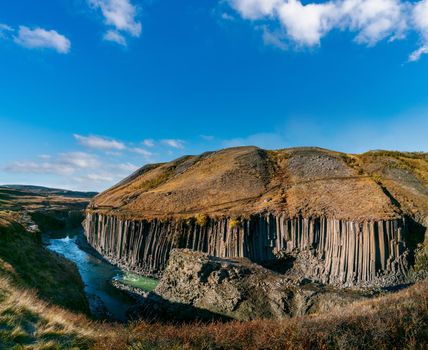 Fjadrargljufur basaltic canyon wide panorama, river and iron viewpoint