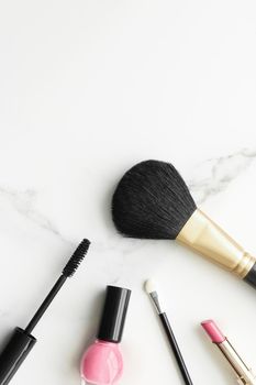 Make-up and cosmetics products on marble, flatlay background - modern feminine lifestyle, beauty blog and fashion inspiration concept