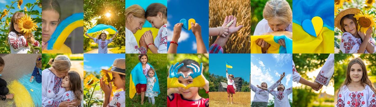 Collage of photos on the theme of Ukraine. Selective focus. child.