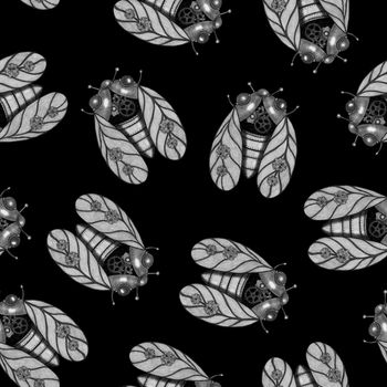 Hand-Drawn Steampunk Cicada Seamless Pattern on Black Background. Digital Paper with Cicada Illustration Drawn by Colored Pencil.