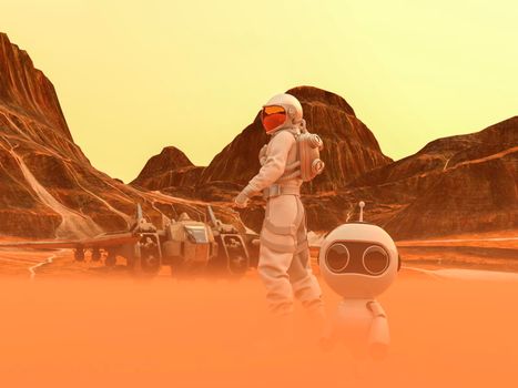 Astronaut and small robot at the spacewalk on a desert planet with spaceship at the back - 3d rendering.