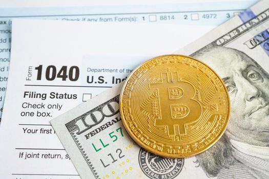 Golden bitcoin on US dollar banknotes money for business and commercial, Digital currency, Virtual cryptocurrency, blockchain technology.