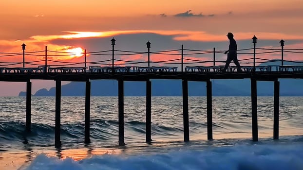 Evening seascape with beautiful sunset. Silhouette of man walking on bridge over sea, in background of sunset.