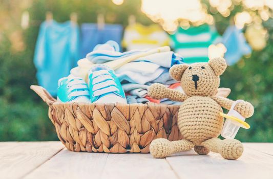 washing baby clothes. Linen dries in the fresh air. Selective focus. nature.