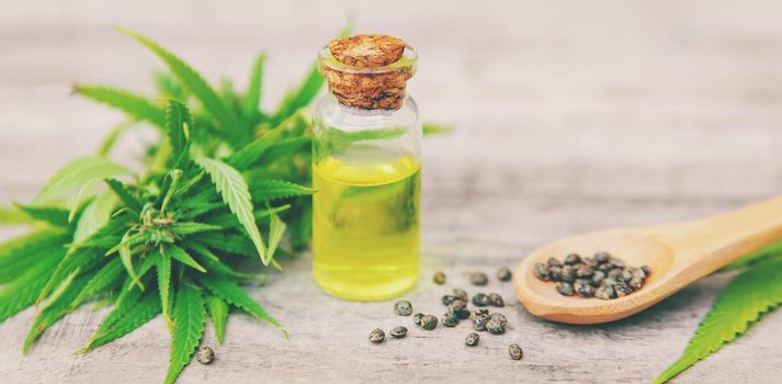 Cannabis oil in a small bottle. Selective focus. nature.