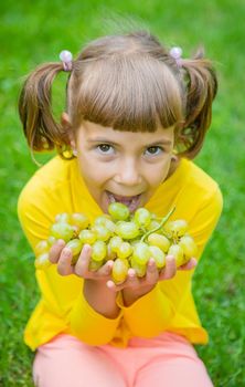 The child eats white grapes. Selective focus.