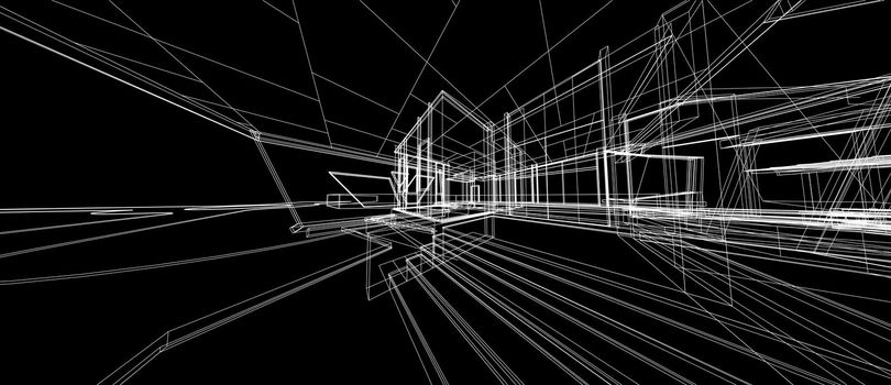 Architecture house space design concept 3d perspective wireframe rendering over black background. For abstract background or wallpaper desktops computer smart technology design architectural theme.