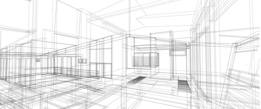 Architecture interior space design concept 3d perspective wire frame rendering isolated white background. For abstract background or wallpaper destops architecture theme interior space